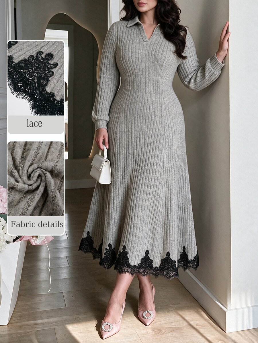 Modelyn Plus Size Women Heather Grey Collared Half Zip Long Sleeve Black Lace Trim Hem Fitted A Line Midi Knit Dress Fall Winter Wedding Guest Formal Gown - Camel - View 1
