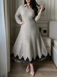 Modelyn Plus Size Women Heather Grey Collared Half Zip Long Sleeve Black Lace Trim Hem Fitted A Line Midi Knit Dress Fall Winter Wedding Guest Formal Gown - Camel - View 7