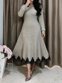 Modelyn Plus Size Women Heather Grey Collared Half Zip Long Sleeve Black Lace Trim Hem Fitted A Line Midi Knit Dress Fall Winter Wedding Guest Formal Gown - Camel - View 3