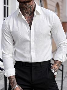 Manfinity Bizformal 男士素色提花紋理長袖襯衫，修身微寬鬆領口設計，極簡奢華商務休閒通勤上衣 - 白色 - 查看 1