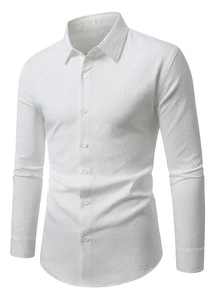 Manfinity Bizformal 男士素色提花紋理長袖襯衫，修身微寬鬆領口設計，極簡奢華商務休閒通勤上衣 - 白色 - 查看 7