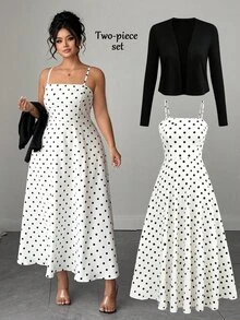 SHEIN Elenzya Plus Size 2pcs Polka Dot Spaghetti Strap Long Cinched Cinched Waist Set Fall - Black - View 1