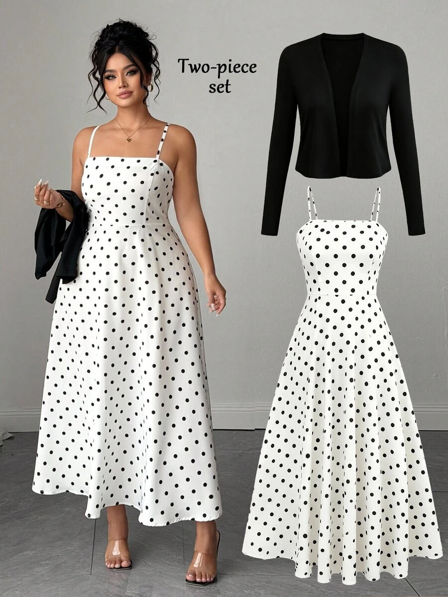 SHEIN Elenzya Plus Size 2pcs Polka Dot Spaghetti Strap Long Cinched Cinched Waist Set Fall - Black - View 1