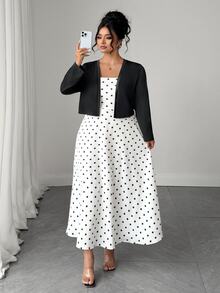 SHEIN Elenzya Plus Size 2pcs Polka Dot Spaghetti Strap Long Cinched Cinched Waist Set Fall - Black - View 3