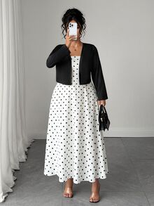 SHEIN Elenzya Plus Size 2pcs Polka Dot Spaghetti Strap Long Cinched Cinched Waist Set Fall - Black - View 6