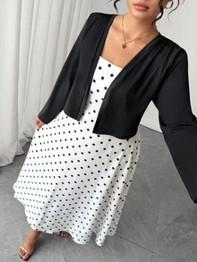 SHEIN Elenzya Plus Size 2pcs Polka Dot Spaghetti Strap Long Cinched Cinched Waist Set Fall - Black - View 7