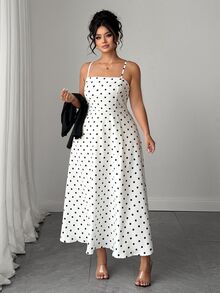 SHEIN Elenzya Plus Size 2pcs Polka Dot Spaghetti Strap Long Cinched Cinched Waist Set Fall - Black - View 4