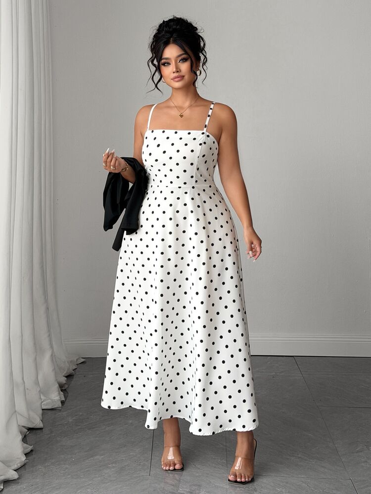 SHEIN Elenzya Plus Size 2pcs Polka Dot Spaghetti Strap Long Cinched Cinched Waist Set Fall - Black - View 4