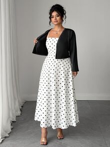 SHEIN Elenzya Plus Size 2pcs Polka Dot Spaghetti Strap Long Cinched Cinched Waist Set Fall - Black - View 5