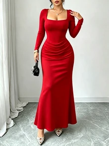 Selianne Gaun Midi Elegan Wanita Warna Polos Baru, Leher Persegi, Lengan Panjang, Desain Lipatan Pinggang, Potongan Ramping, Tinggi & Langsing, Serbaguna - Merah - View 7