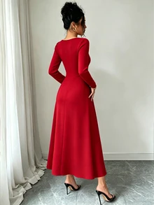 Selianne Gaun Midi Elegan Wanita Warna Polos Baru, Leher Persegi, Lengan Panjang, Desain Lipatan Pinggang, Potongan Ramping, Tinggi & Langsing, Serbaguna - Merah - View 2