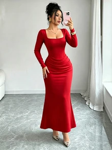 Selianne Gaun Midi Elegan Wanita Warna Polos Baru, Leher Persegi, Lengan Panjang, Desain Lipatan Pinggang, Potongan Ramping, Tinggi & Langsing, Serbaguna - Merah - View 6