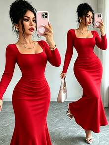 Selianne Gaun Midi Elegan Wanita Warna Polos Baru, Leher Persegi, Lengan Panjang, Desain Lipatan Pinggang, Potongan Ramping, Tinggi & Langsing, Serbaguna - Merah - View 3