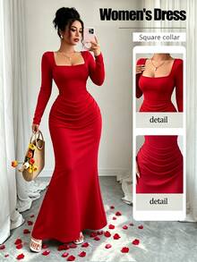 Selianne Gaun Midi Elegan Wanita Warna Polos Baru, Leher Persegi, Lengan Panjang, Desain Lipatan Pinggang, Potongan Ramping, Tinggi & Langsing, Serbaguna - Merah - View 1