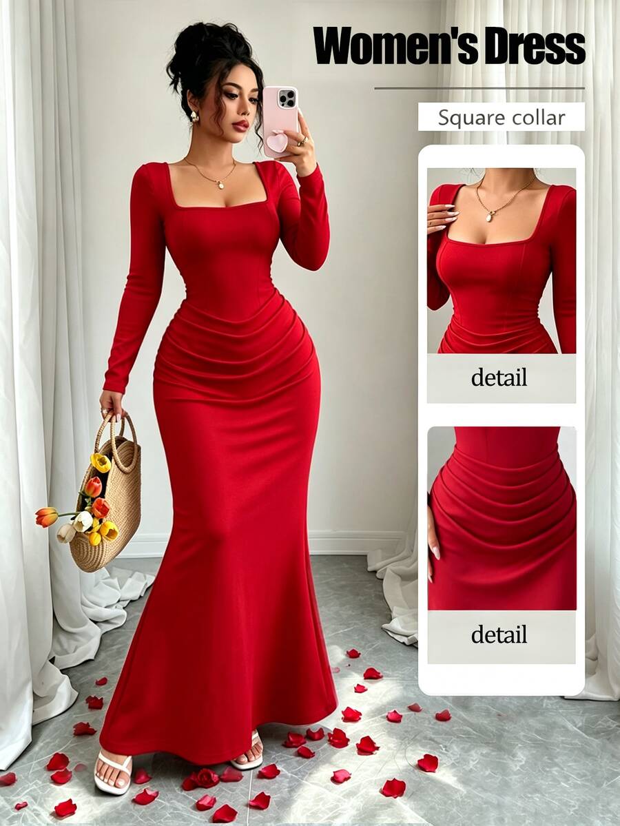 Selianne Gaun Midi Elegan Wanita Warna Polos Baru, Leher Persegi, Lengan Panjang, Desain Lipatan Pinggang, Potongan Ramping, Tinggi & Langsing, Serbaguna - Merah - View 1