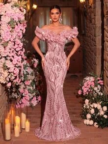 Glamrae Gaun Malam Mewah Elegan Berwarna Pink dari Organza dengan Hiasan Mewah dan Bergelombang 3D, Model Duyung, Panjang Hingga Lantai, dan Potongan Pas Badan, Cocok untuk Acara Pernikahan dan Pesta Malam. - Dusty Pink - View 5