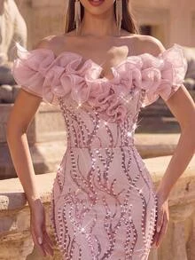 Glamrae Gaun Malam Mewah Elegan Berwarna Pink dari Organza dengan Hiasan Mewah dan Bergelombang 3D, Model Duyung, Panjang Hingga Lantai, dan Potongan Pas Badan, Cocok untuk Acara Pernikahan dan Pesta Malam. - Dusty Pink - View 4