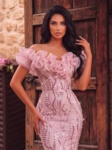 Glamrae Gaun Malam Mewah Elegan Berwarna Pink dari Organza dengan Hiasan Mewah dan Bergelombang 3D, Model Duyung, Panjang Hingga Lantai, dan Potongan Pas Badan, Cocok untuk Acara Pernikahan dan Pesta Malam. - Dusty Pink - View 2