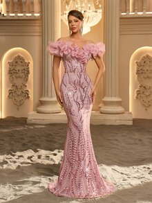 Glamrae Gaun Malam Mewah Elegan Berwarna Pink dari Organza dengan Hiasan Mewah dan Bergelombang 3D, Model Duyung, Panjang Hingga Lantai, dan Potongan Pas Badan, Cocok untuk Acara Pernikahan dan Pesta Malam. - Dusty Pink - View 7