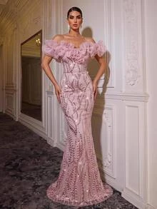 Glamrae Gaun Malam Mewah Elegan Berwarna Pink dari Organza dengan Hiasan Mewah dan Bergelombang 3D, Model Duyung, Panjang Hingga Lantai, dan Potongan Pas Badan, Cocok untuk Acara Pernikahan dan Pesta Malam. - Dusty Pink - View 3