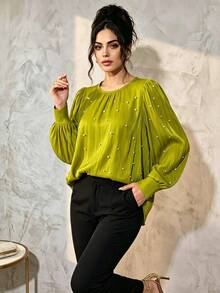 GlowEve CURVE Plus Size Women's Solid Color French Style Luxury Beaded Blouse Fall - Green - View 4