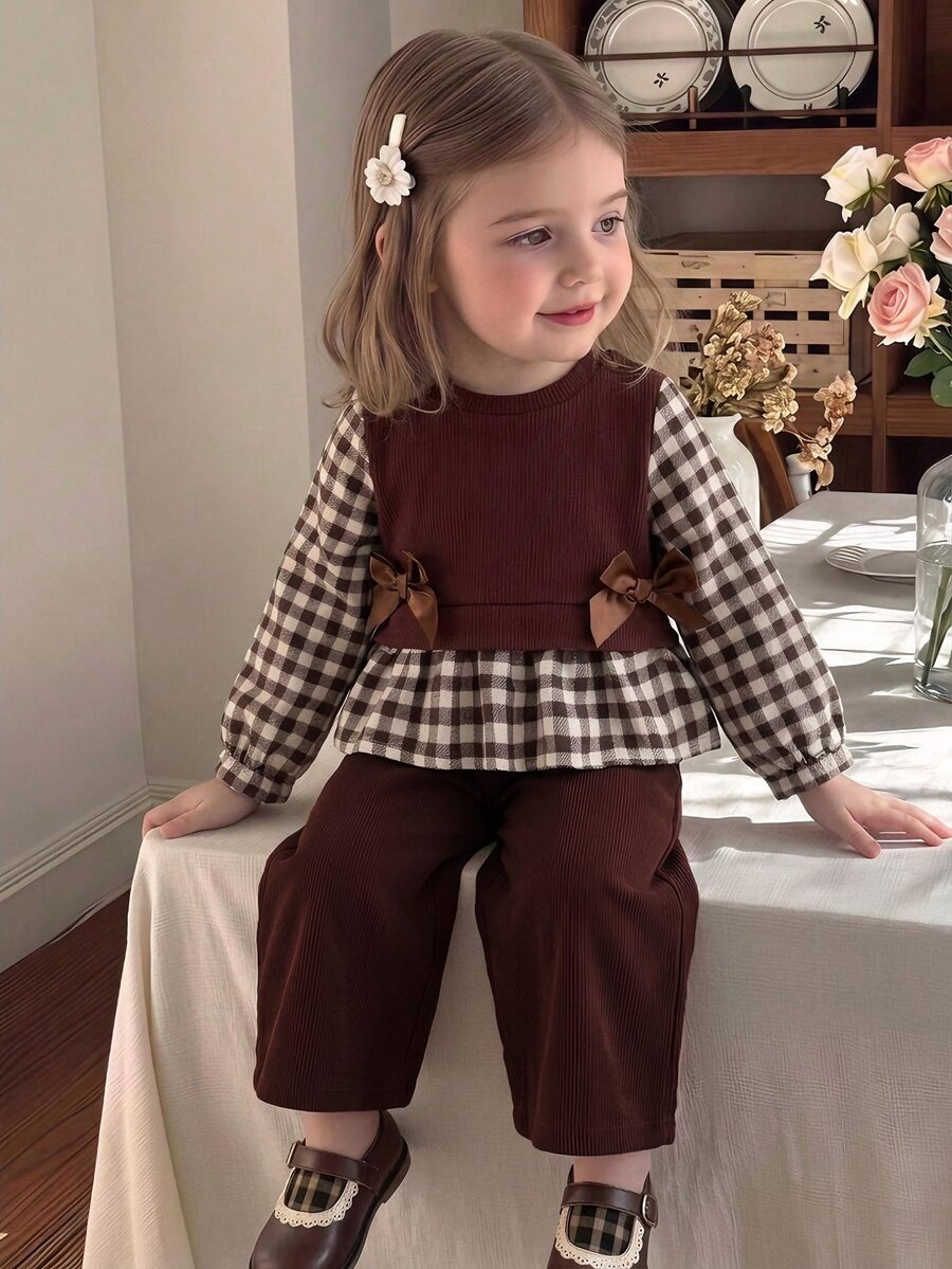 Elladie kids 女婴针织格子拼接长袖蝴蝶结T恤上衣和罗纹裤套装，2件套，春秋季休闲装 - 棕色 - 查看 1