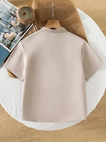 SHEIN 1pc Tween Boys' Mandarin Collar Casual Solid Color Shirt, Versatile Short Sleeve, Suitable For Spring/Summer, Minimalist Design For Various Occasions - Apricot - View 2