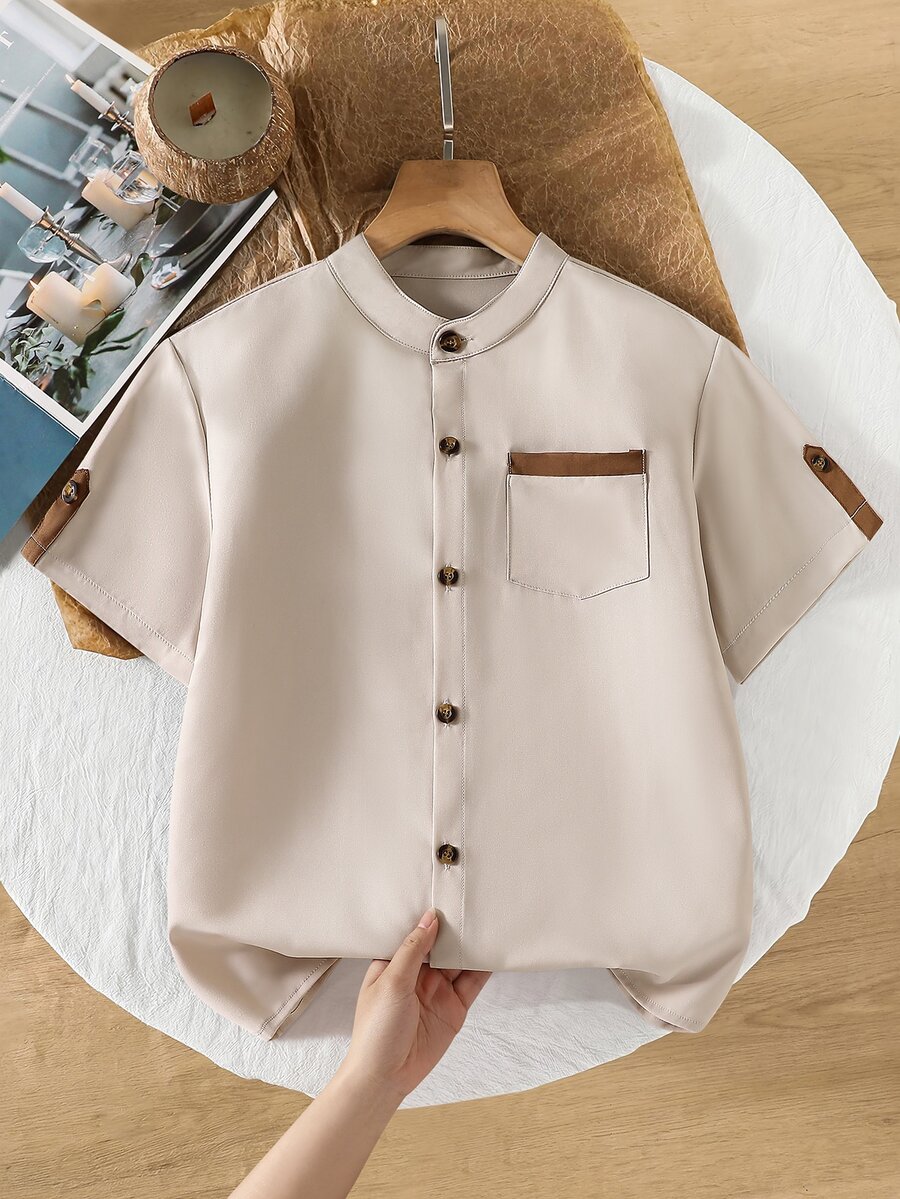 SHEIN 1pc Tween Boys' Mandarin Collar Casual Solid Color Shirt, Versatile Short Sleeve, Suitable For Spring/Summer, Minimalist Design For Various Occasions - Apricot - View 1
