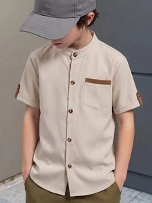 SHEIN 1pc Tween Boys' Mandarin Collar Casual Solid Color Shirt, Versatile Short Sleeve, Suitable For Spring/Summer, Minimalist Design For Various Occasions - Apricot - View 3