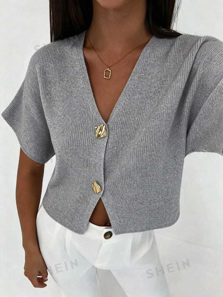 Aloruh Women's Metal Single-Breasted Short Sleeve Casual Thin Cardigan - Light Grey - View 6
