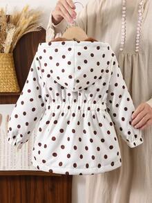 SHEIN Elladie kids 女童甜美可愛連帽夾克 1 件裝，波點數位印花圖案，棕色刷毛，前拉鍊設計，長袖，彈性腰部，彈性袖口，柔軟舒適面料，休閒時尚通勤穿搭，適合日常穿著、上學、外出、度假、派對、節日，秋冬款 - 彩色 - 查看 2