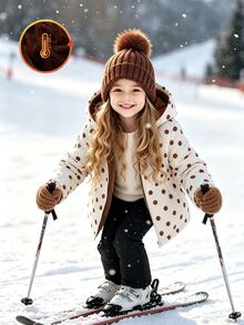SHEIN Elladie kids 女童甜美可愛連帽夾克 1 件裝，波點數位印花圖案，棕色刷毛，前拉鍊設計，長袖，彈性腰部，彈性袖口，柔軟舒適面料，休閒時尚通勤穿搭，適合日常穿著、上學、外出、度假、派對、節日，秋冬款 - 彩色 - 查看 4