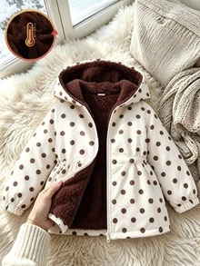 SHEIN Elladie kids 女童甜美可愛連帽夾克 1 件裝，波點數位印花圖案，棕色刷毛，前拉鍊設計，長袖，彈性腰部，彈性袖口，柔軟舒適面料，休閒時尚通勤穿搭，適合日常穿著、上學、外出、度假、派對、節日，秋冬款 - 彩色 - 查看 5