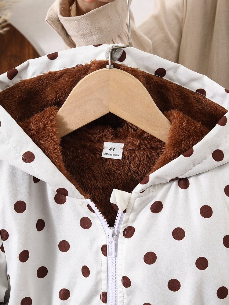 SHEIN Elladie kids Girls' Sweet & Cute Hooded Jacket, 1pc, Polka Dot Digital Print Pattern, Brown Fleece, Zipper Front, Long Sleeve, Elastic Waist, Elastic Cuffs, Soft & Comfortable Fabric, Casual Fashion Commute Outfit, Suitable For Daily Wear, School, Outings, Vacations, Parties, Holidays, Autumn/Winter - Multicolor - View 6