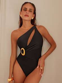Swim Chiccia 1pc Women's Asymmetric Neckline Fitted One-Piece Swimsuit - Black - View 3