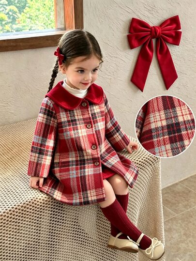 Souflis Souflis Toddler Girl Plaid Coat Jacket Elegant Sweet Red Plaid Velvet Peter Pan Collar Tartan Long Sleeve Thick Winter Wedding Guest Retro A-Line