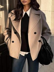 SHEIN Fashionable New Autumn/Winter Double-Breasted Lapel Dropped Shoulder Loose Overcoat, Commuter Coat, Daily Jacket, Autumn/Winter Overcoat, Minimalist Pocket Design Slimming Overcoat - Camel - View 5