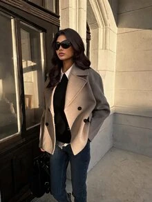 SHEIN Fashionable New Autumn/Winter Double-Breasted Lapel Dropped Shoulder Loose Overcoat, Commuter Coat, Daily Jacket, Autumn/Winter Overcoat, Minimalist Pocket Design Slimming Overcoat - Camel - View 6
