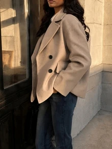 SHEIN Fashionable New Autumn/Winter Double-Breasted Lapel Dropped Shoulder Loose Overcoat, Commuter Coat, Daily Jacket, Autumn/Winter Overcoat, Minimalist Pocket Design Slimming Overcoat - Camel - View 7