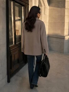 SHEIN Fashionable New Autumn/Winter Double-Breasted Lapel Dropped Shoulder Loose Overcoat, Commuter Coat, Daily Jacket, Autumn/Winter Overcoat, Minimalist Pocket Design Slimming Overcoat - Camel - View 3