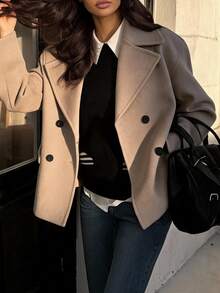 SHEIN Fashionable New Autumn/Winter Double-Breasted Lapel Dropped Shoulder Loose Overcoat, Commuter Coat, Daily Jacket, Autumn/Winter Overcoat, Minimalist Pocket Design Slimming Overcoat - Camel - View 4