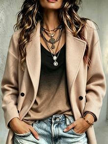 SHEIN Fashionable New Autumn/Winter Double-Breasted Lapel Dropped Shoulder Loose Overcoat, Commuter Coat, Daily Jacket, Autumn/Winter Overcoat, Minimalist Pocket Design Slimming Overcoat - Camel - View 2