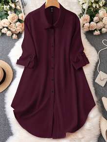SHEIN Clasi Vestido De Talla Grande Para Mujer Con Solapa Simple De Color Sólido - Rojo violeta - Ver 1