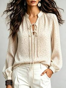 SHEIN Women's Autumn Long Sleeve Blouse, Elegant French Fashion Commute Woven Shirt Office Brunch Black White Polka Dot - Apricot - View 5