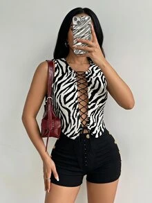 BamGleam Tank Top Wanita Seksi Motif Hewan dengan Ikatan di Depan - Hitam dan Putih - View 2