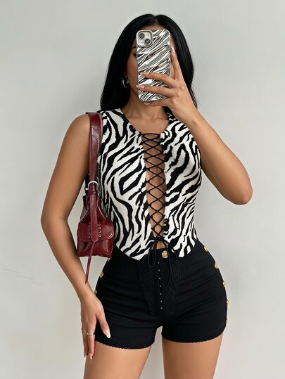 BamGleam Top de tirantes sexy con estampado animal y lazo delantero para mujer