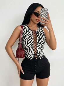 BamGleam Tank Top Wanita Seksi Motif Hewan dengan Ikatan di Depan - Hitam dan Putih - View 4