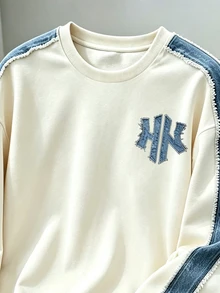 SHEIN 2件組青少年男孩時尚圓領運動衫與長褲運動套裝，對比條紋與時尚英文字母HK圖案設計，適合假期派對，5-15°C 春/秋/冬，舒適休閒，小男孩春/秋/冬街頭穿搭首選 - 彩色 - 查看 4