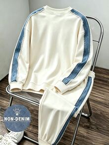 SHEIN 2件組青少年男孩時尚圓領運動衫與長褲運動套裝，對比條紋與時尚英文字母HK圖案設計，適合假期派對，5-15°C 春/秋/冬，舒適休閒，小男孩春/秋/冬街頭穿搭首選 - 彩色 - 查看 2