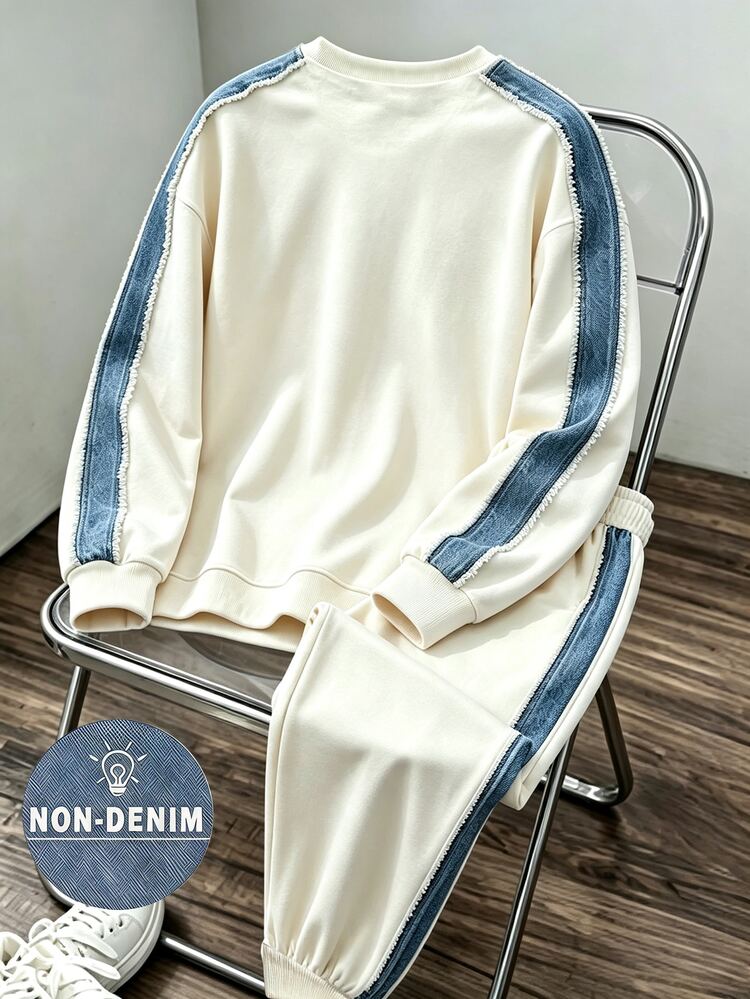 SHEIN 2件組青少年男孩時尚圓領運動衫與長褲運動套裝，對比條紋與時尚英文字母HK圖案設計，適合假期派對，5-15°C 春/秋/冬，舒適休閒，小男孩春/秋/冬街頭穿搭首選 - 彩色 - 查看 2